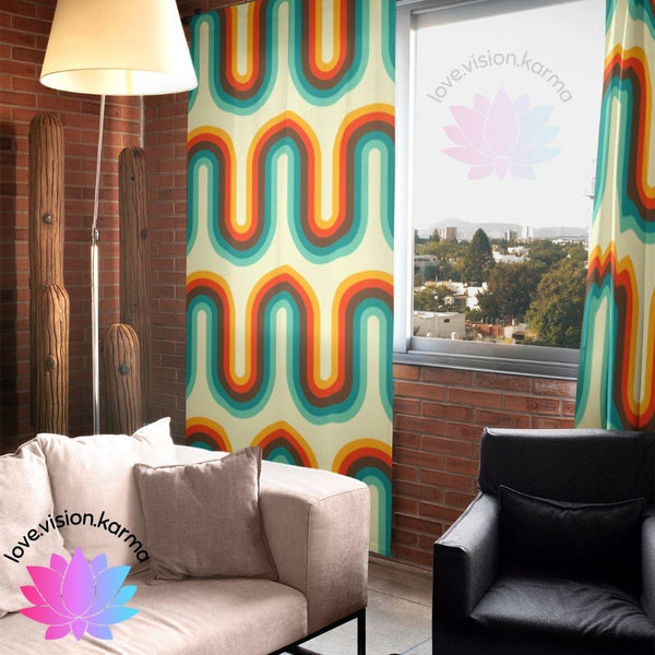 Retro 60s 70s Waves Mid Century Modern Orange, Cream & Blue Curtains | lovevisionkarma.com