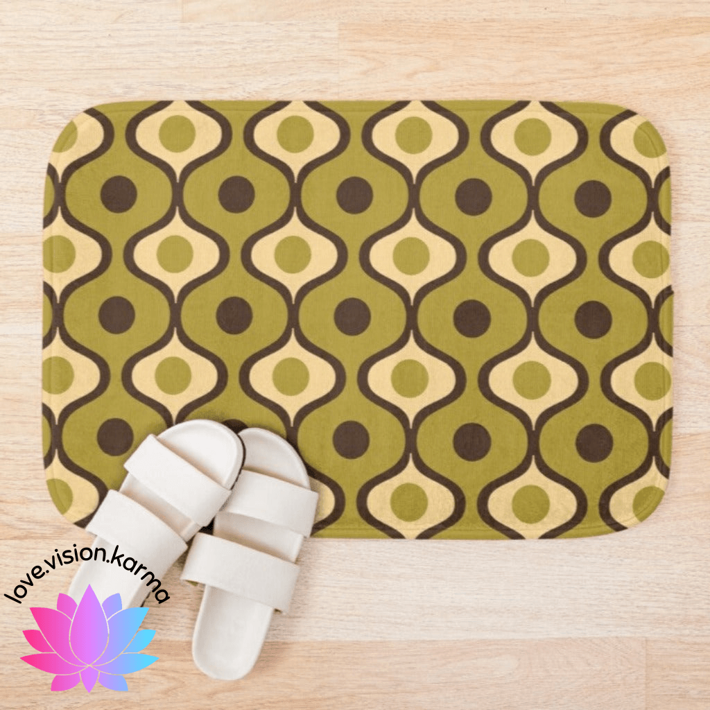 Retro 60s 70s Mid Century Geometric Waves Olive Green Bath Mat