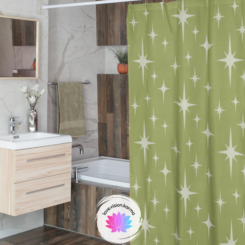 Retro 1950s Atomic Starburst Mid Century Green Shower Curtain | lovevisionkarma.com