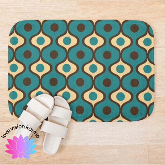 Retro 60s 70s Groovy Geometric Waves Mid Century Mod Blue & Brown Bath Mat