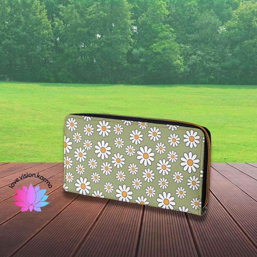 Boho Daisy Sage Green Zipper Wallet | lovevisionkarma.com