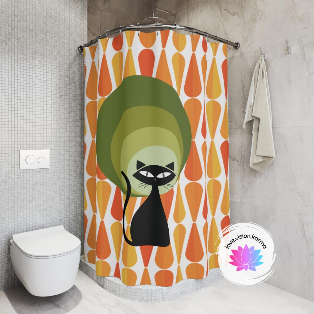 Retro Atomic Cat 60s 70s Mid Century Modern Geometric Orange, Yellow & Green Shower Curtain