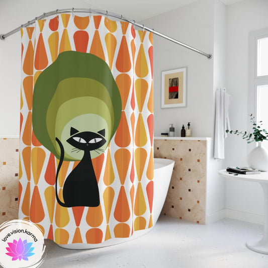 Retro Atomic Cat 60s 70s Mid Century Modern Geometric Orange, Yellow & Green Shower Curtain