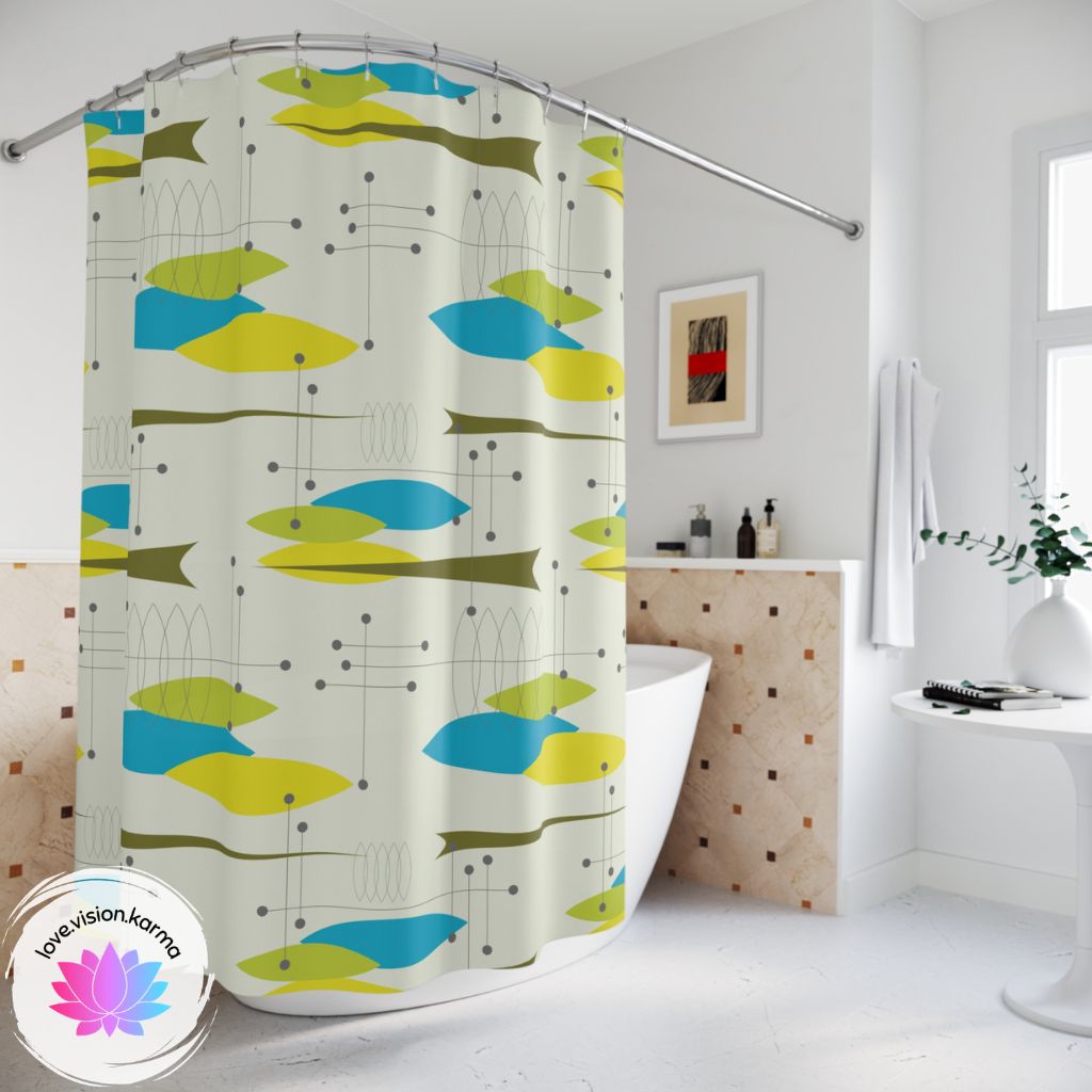 Vintage Retro 50s Abstract Mid Century Green & Blue Shower Curtain