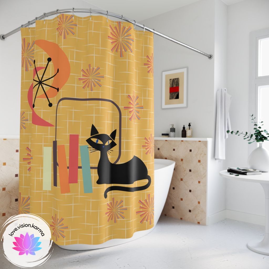 Retro Atomic Cat & Starbursts Mid Century Mod Yellow Shower Curtain