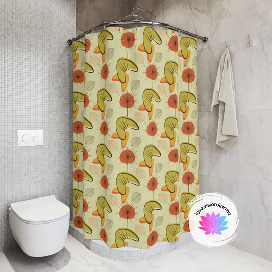 Retro Atomic Boomerangs & Leaves MCM Orange, Green & Yellow Shower Curtain