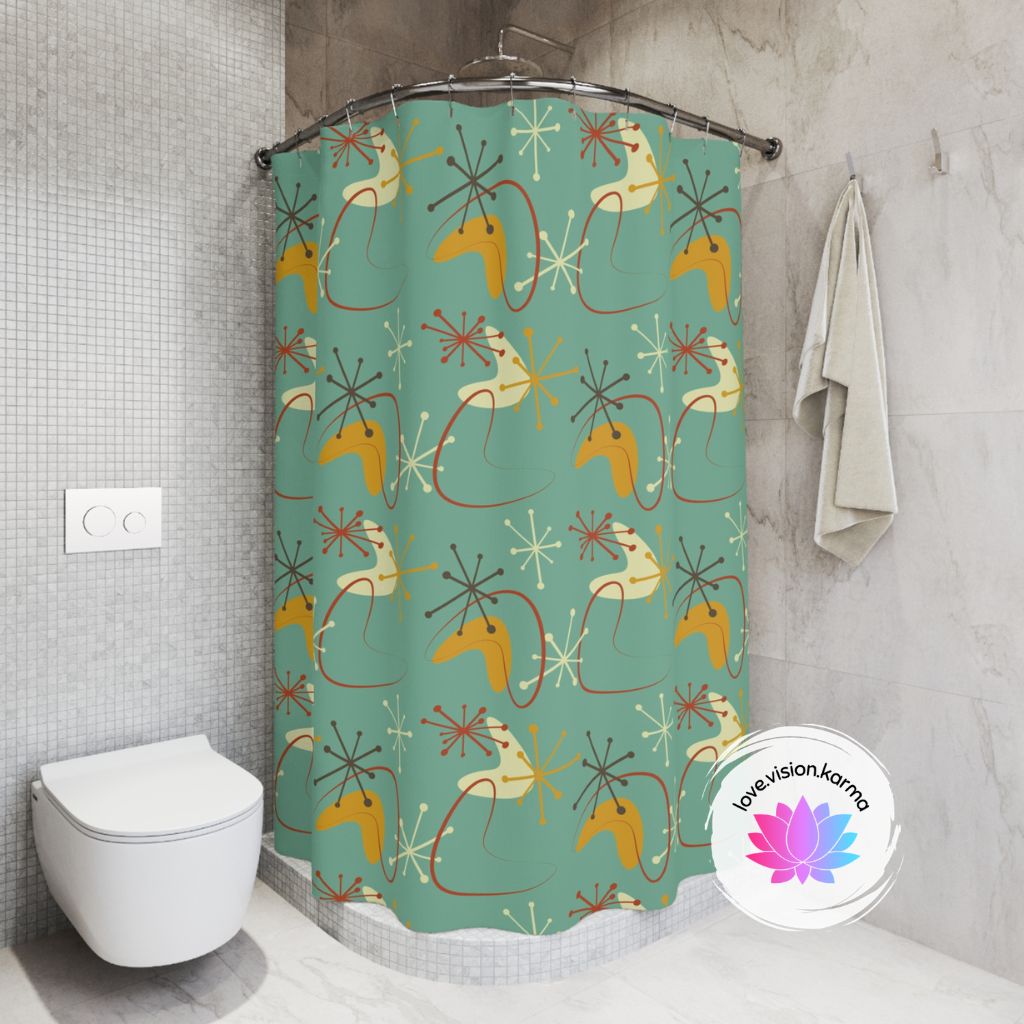 Retro Atomic Starburst and Boomerang MCM Teal & Mustard Shower Curtain