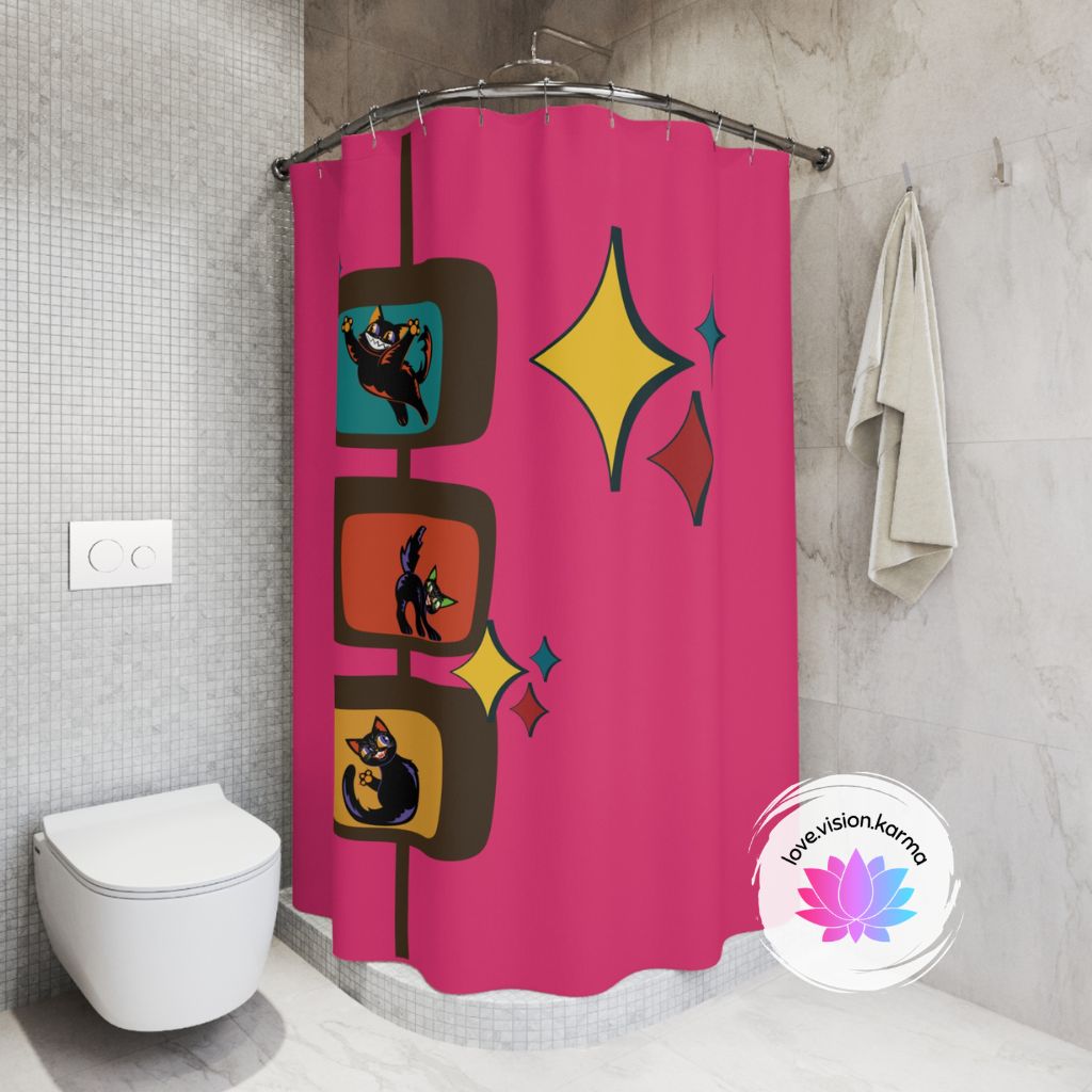 Retro Atomic Kitsch Cats Mid Century Mod Pink Shower Curtain