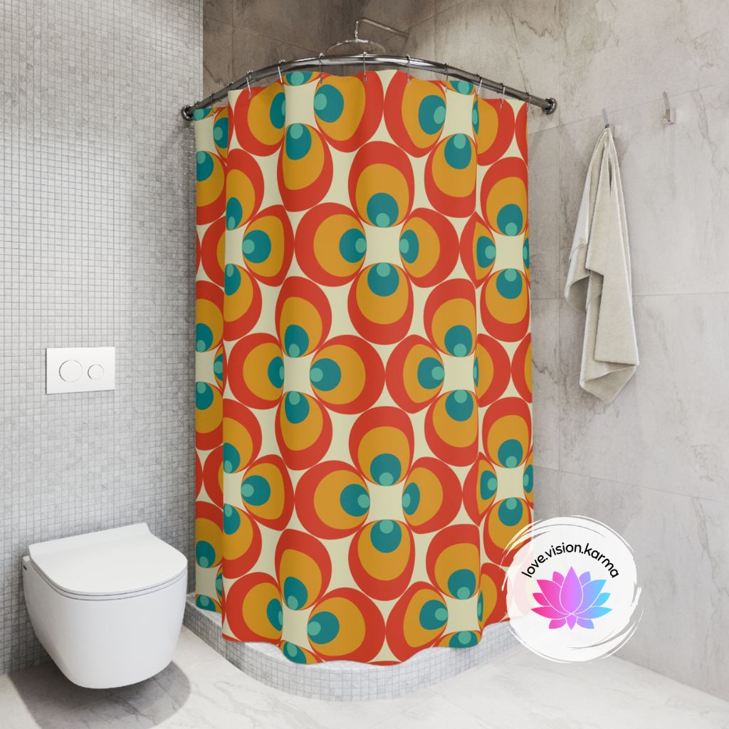 Retro 60s, 70s Flowers Mid Century Modern Orange & Blue Shower Curtain