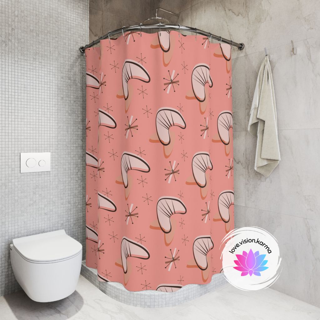 Retro Pink Atomic Starbursts and Boomerangs MCM Shower Curtain | lovevisionkarma.com