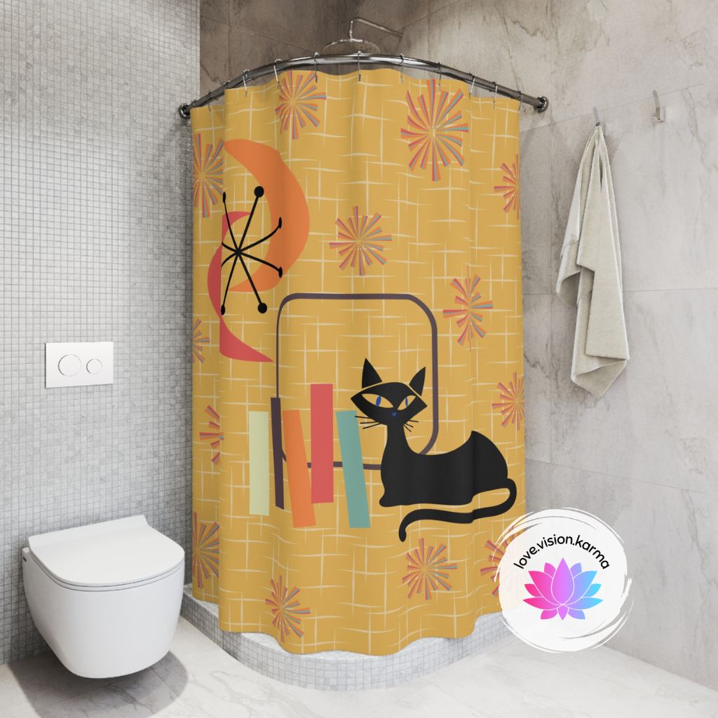 Retro Atomic Cat & Starbursts Mid Century Mod Yellow Shower Curtain