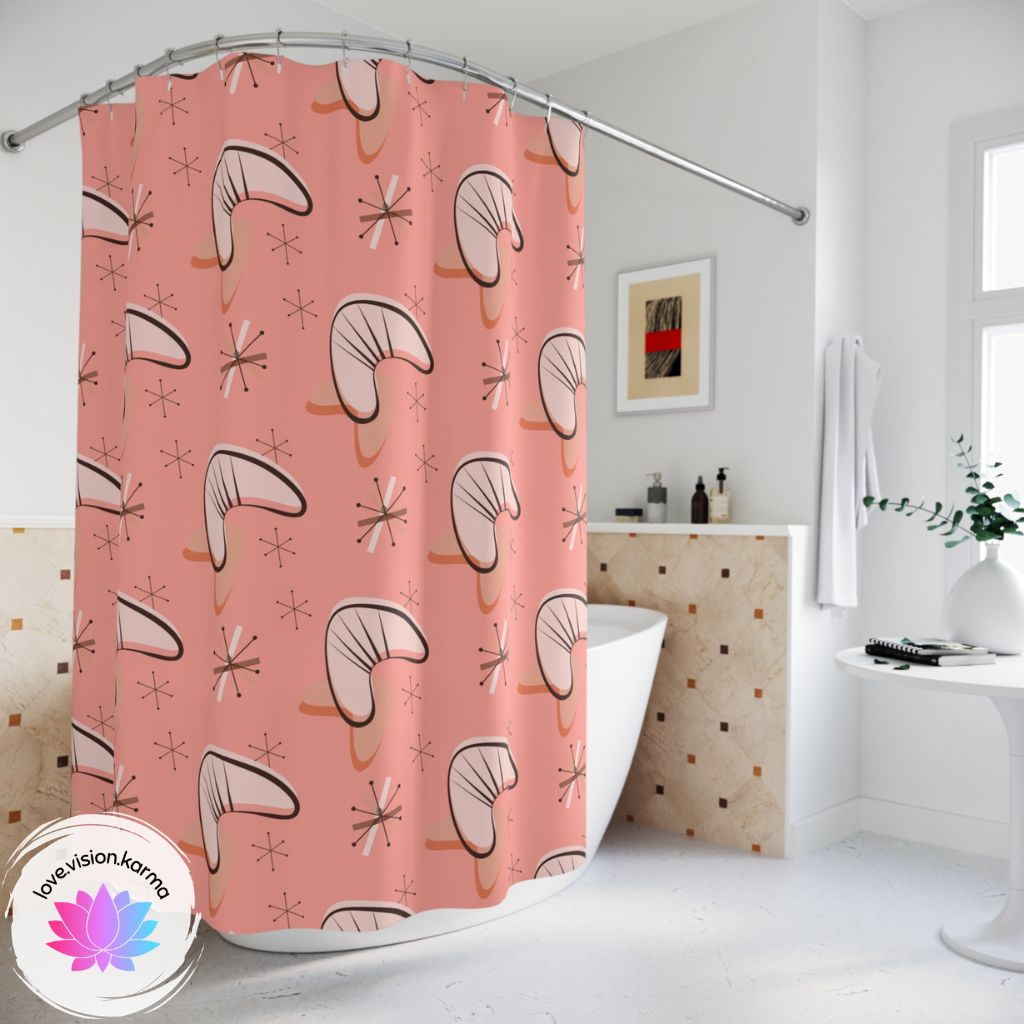 Retro Pink Atomic Starbursts and Boomerangs MCM Shower Curtain | lovevisionkarma.com