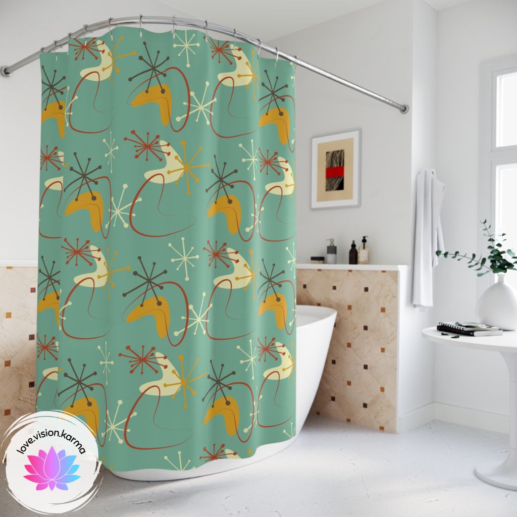 Retro Atomic Starburst and Boomerang MCM Teal & Mustard Shower Curtain