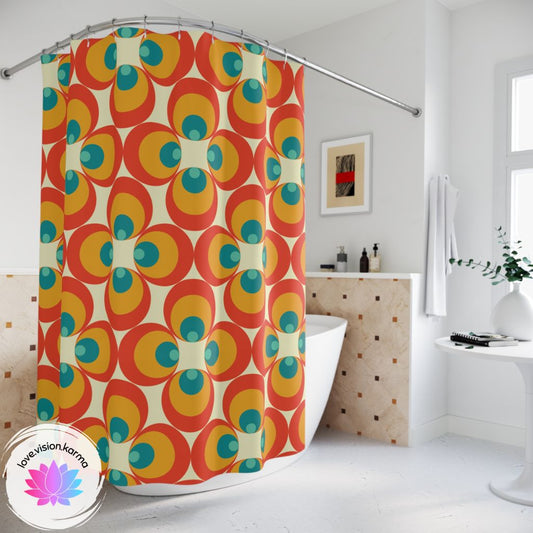 Retro 60s, 70s Flowers Mid Century Modern Orange & Blue Shower Curtain