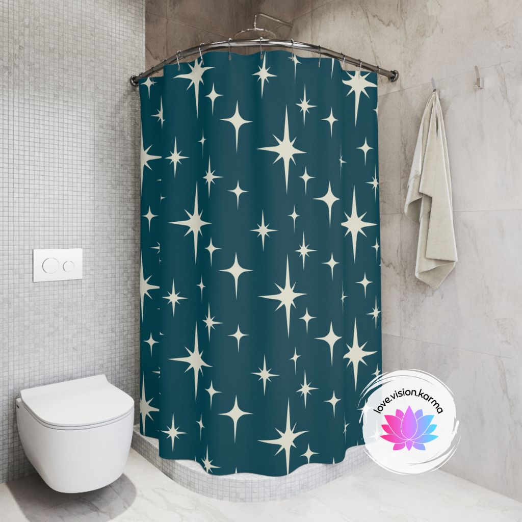 Retro Atomic Starburst Off-White and Blue MCM Shower Curtain