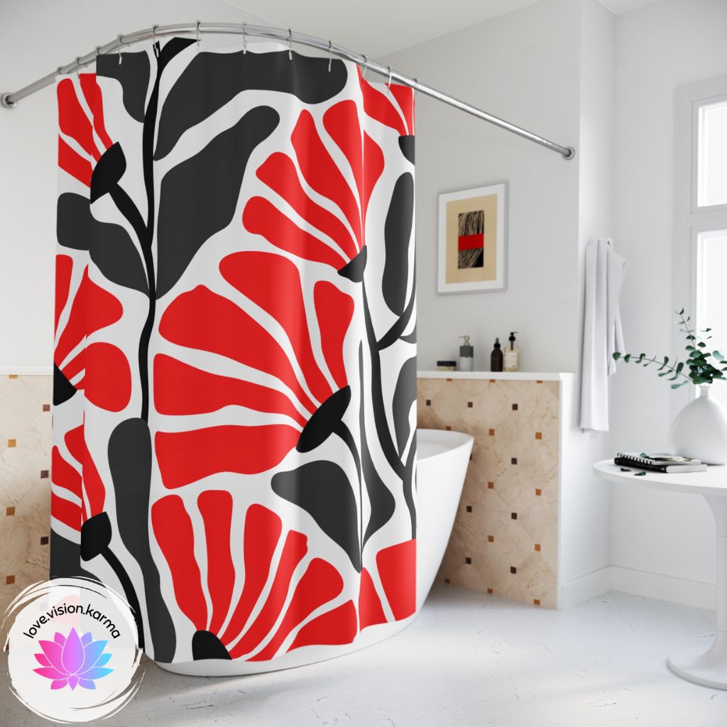 Groovy Retro Abstract Flowers MCM Red/Black/White/Gray Shower Curtain