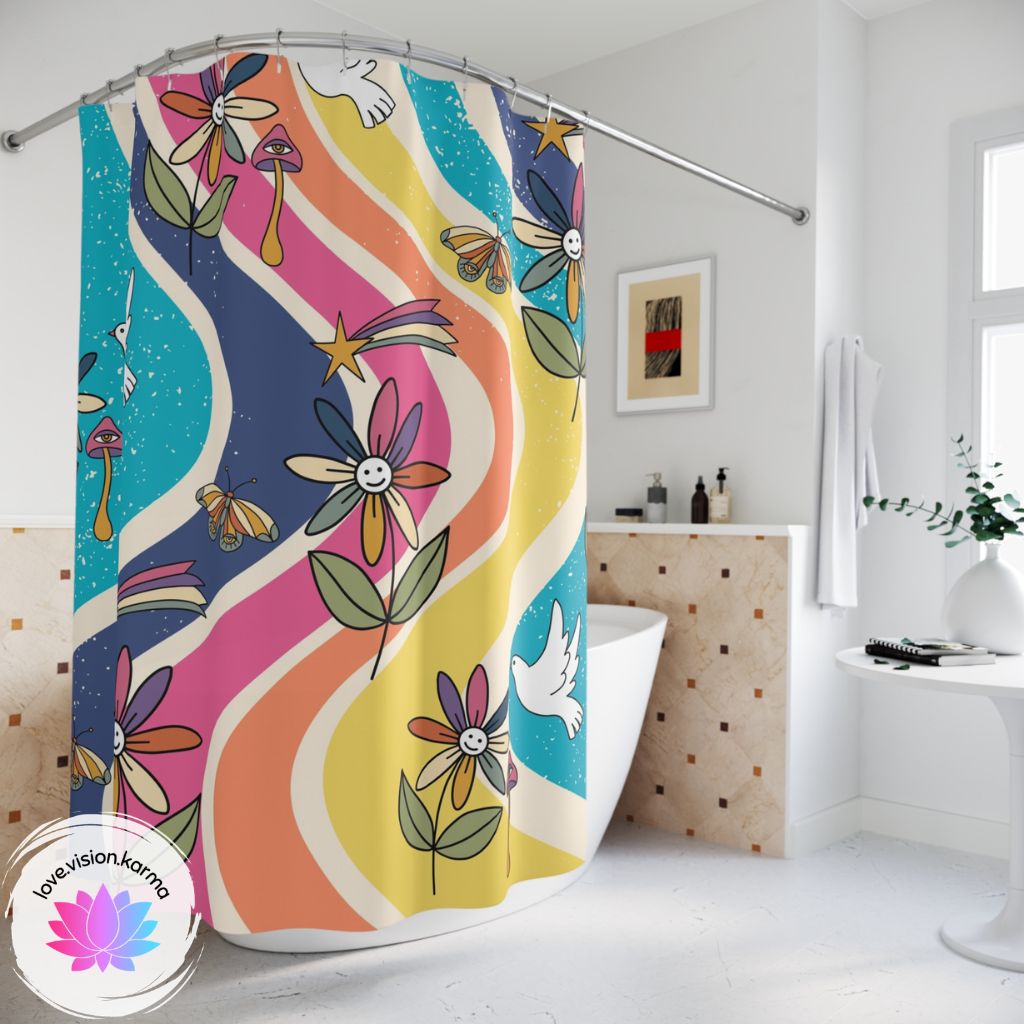 Groovy Hippie Flowers and Boho Mushrooms Multicolor Shower Curtain