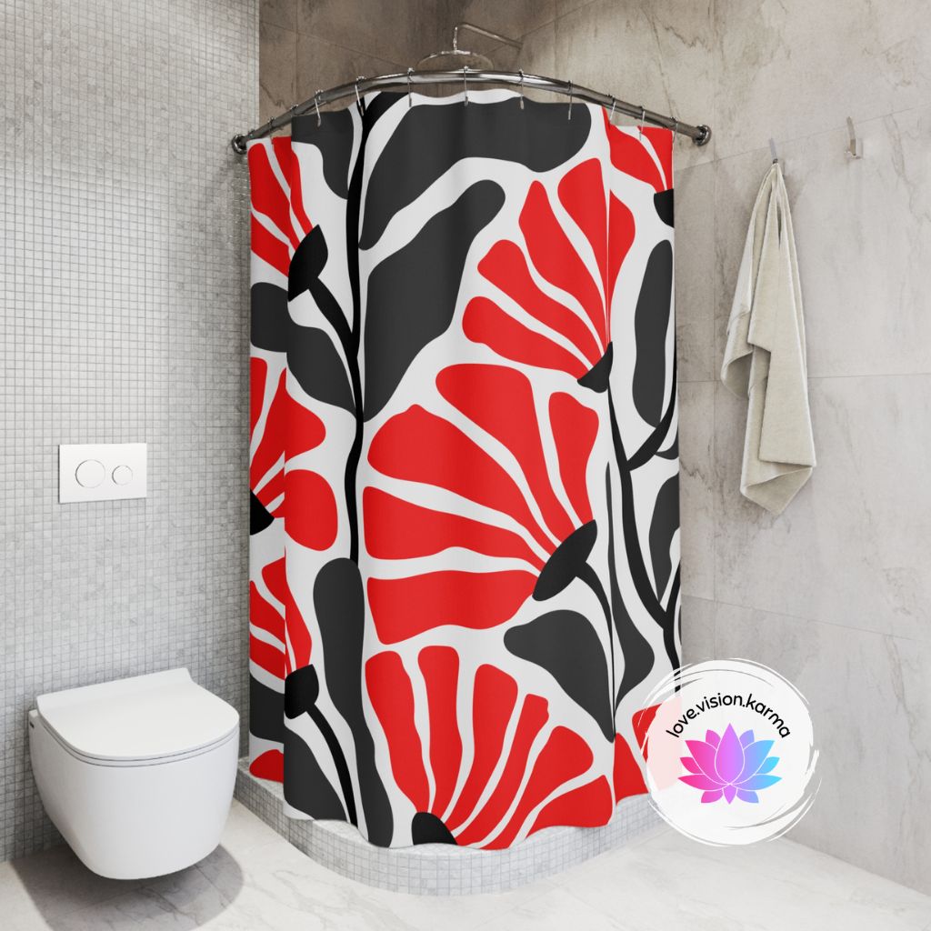 Groovy Retro Abstract Flowers MCM Red/Black/White/Gray Shower Curtain