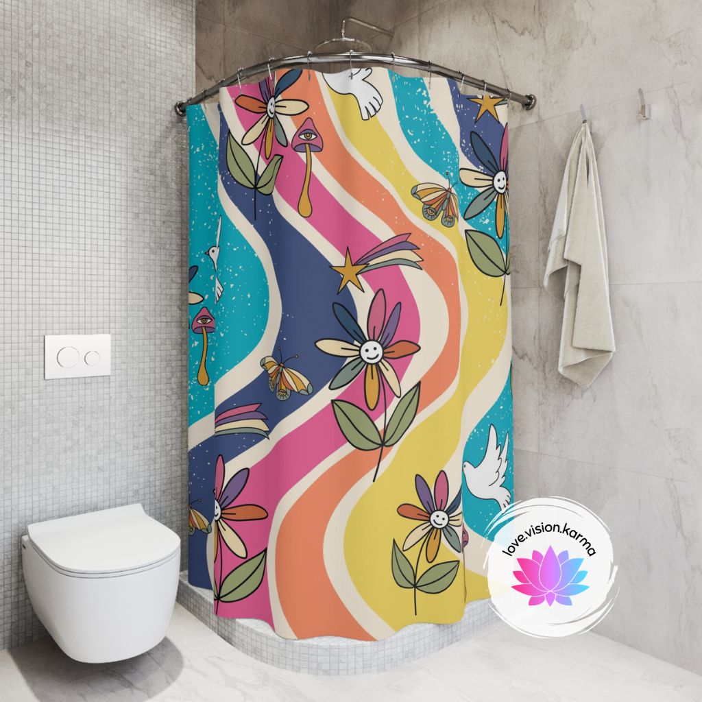 Groovy Hippie Flowers and Boho Mushrooms Multicolor Shower Curtain