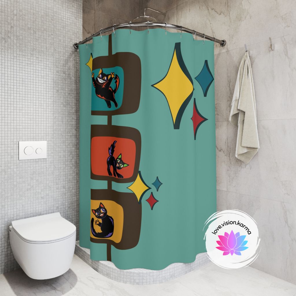 Retro Atomic Kitsch Cats MCM Blue Shower Curtain