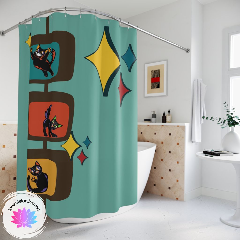 Retro Atomic Kitsch Cats MCM Blue Shower Curtain