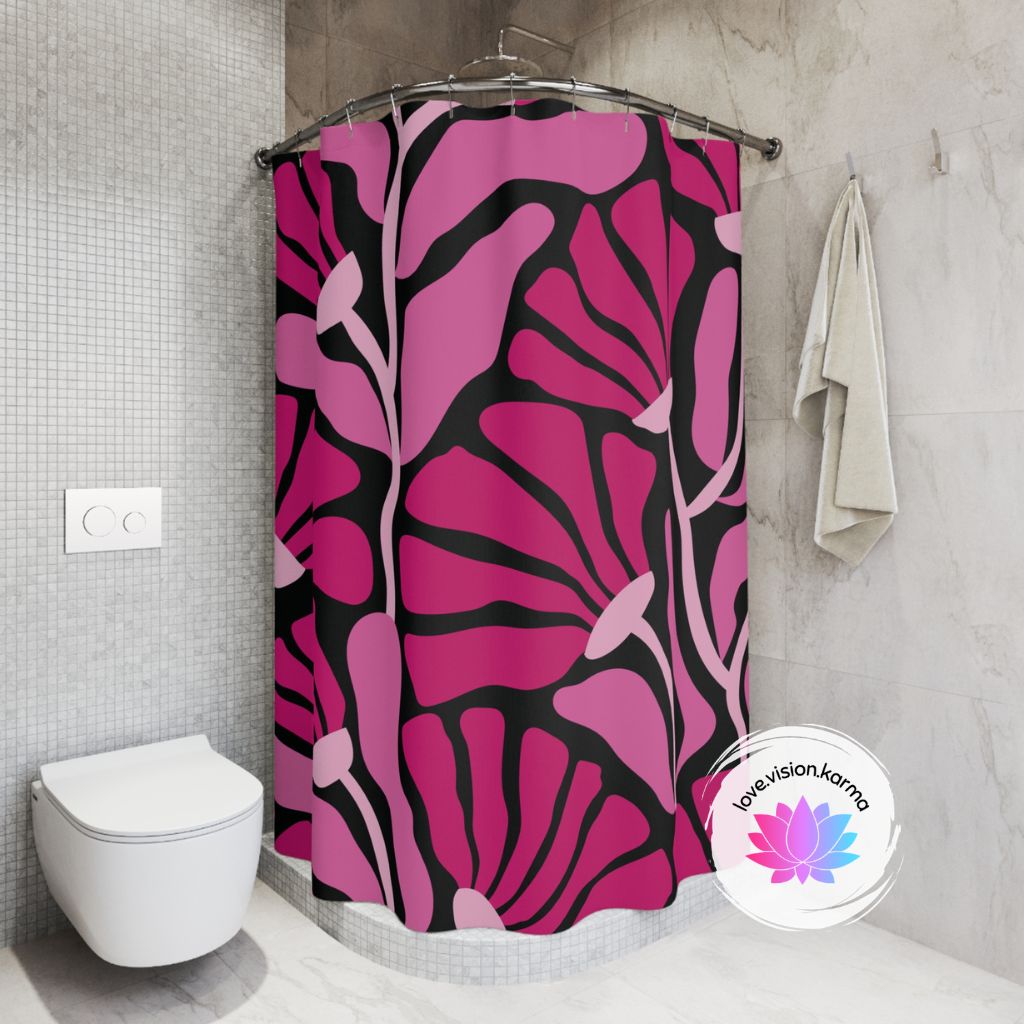 Groovy Mod Minimalist Flowers MCM Pink and Black Shower Curtain