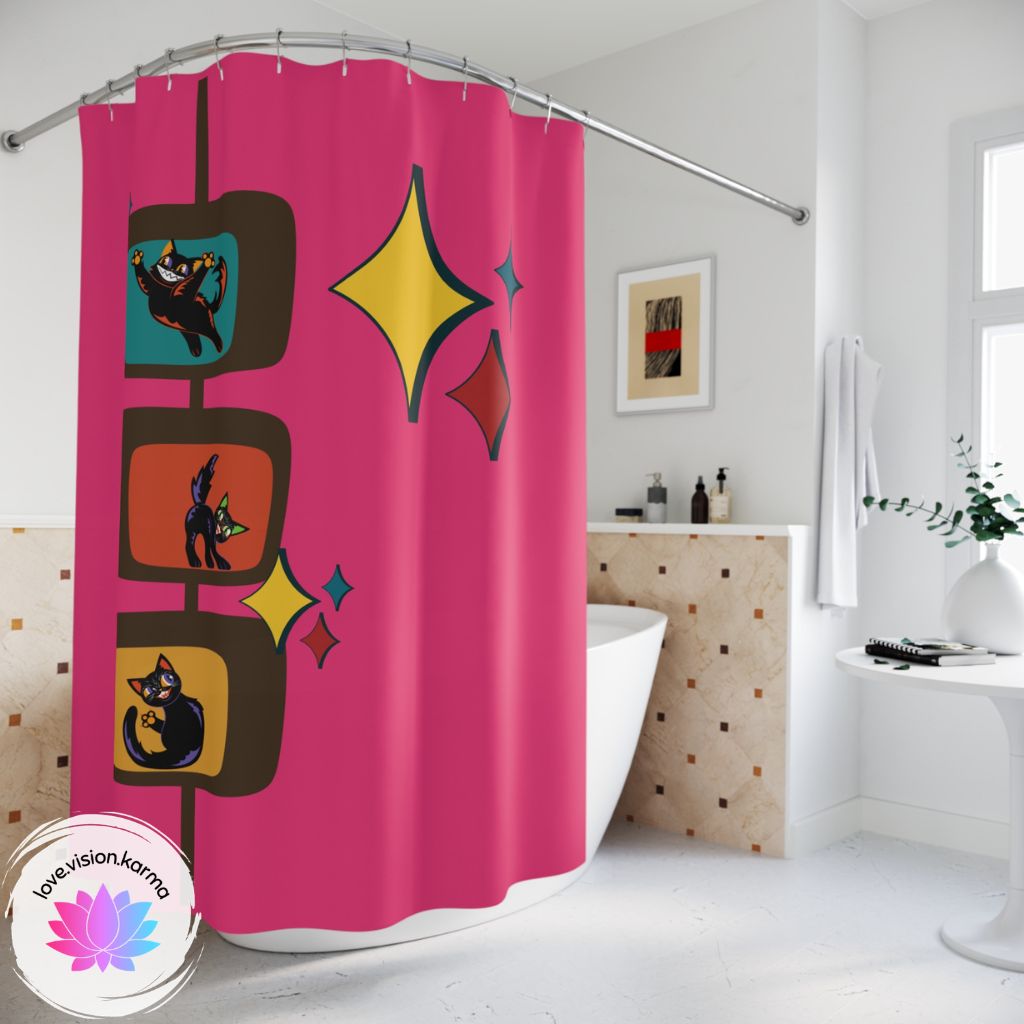 Retro Atomic Kitsch Cats Mid Century Mod Pink Shower Curtain