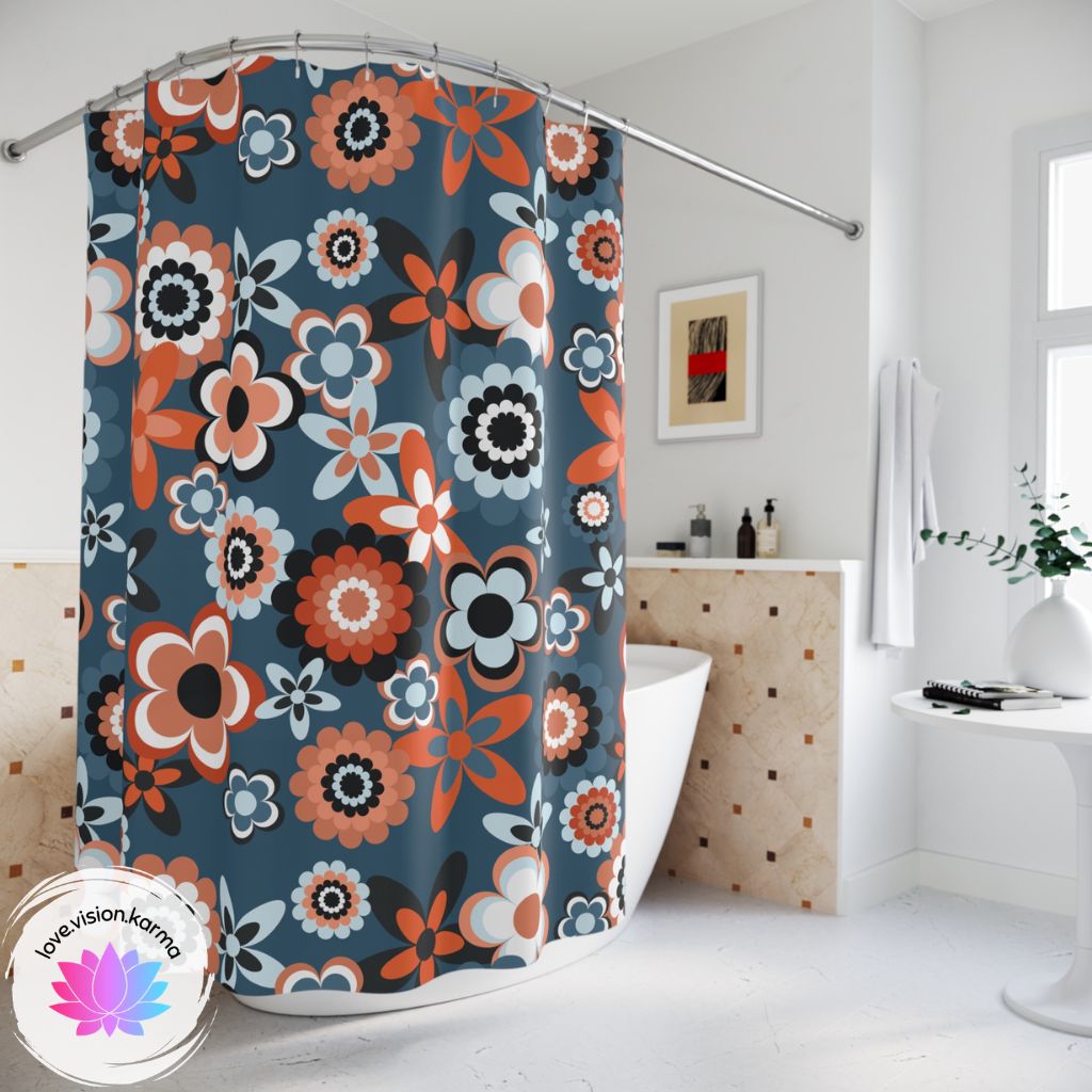 Retro 60s 70s Groovy Flowers Boho Mid Century Mod Coral & Blue Shower Curtain