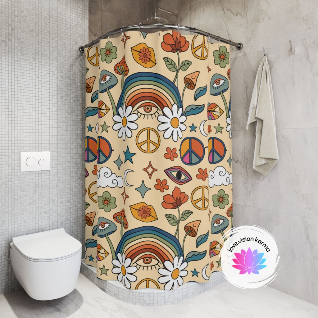 Groovy Boho 60s, 70s Rainbows, Mushrooms, Peace Sign Colorful Shower Curtain