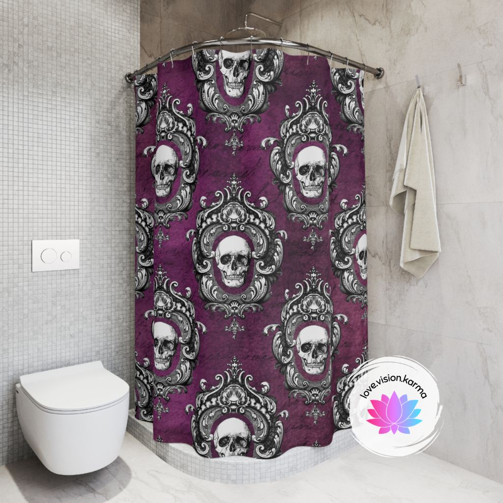 Gothic Skull Dark Academia Ornate Frame, Purple Glam Goth Shower Curtain