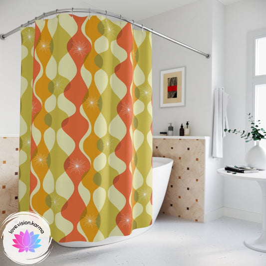 Retro 60s 70s Mid Century Mod Abstract Green, Orange & Mustard Shower Curtain