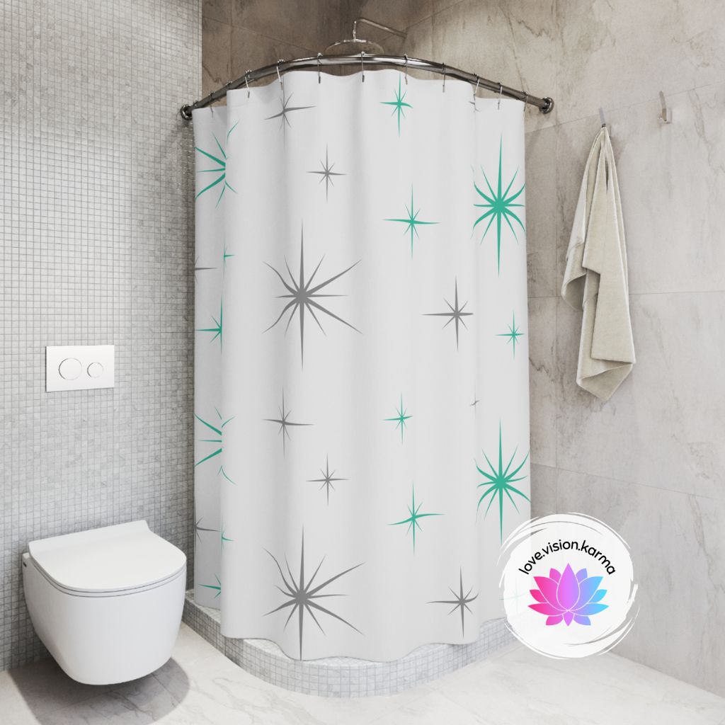 Starbursts 50s, 60s Mid Century Modern Teal & Grey Shower Curtain