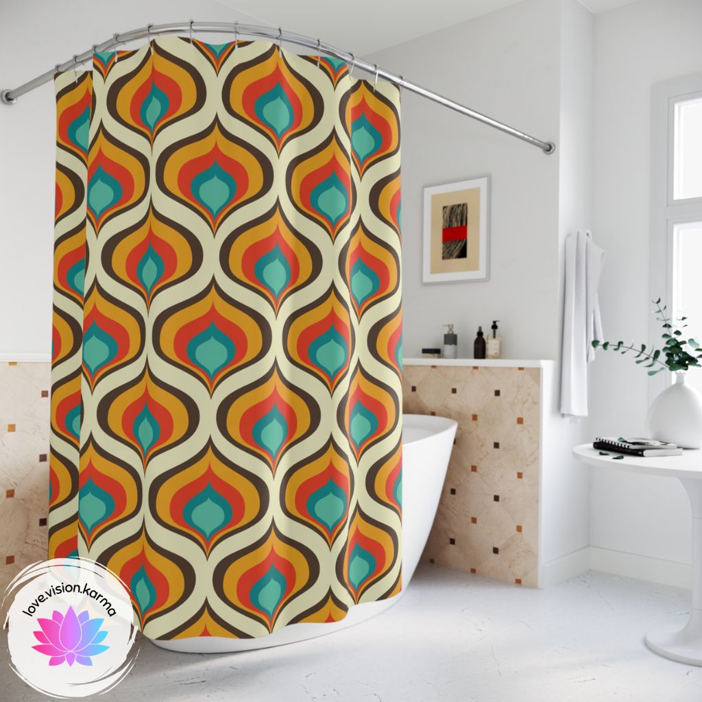 Retro 60s 70s Ogee Mid Century Geo Onion Blue & Orange Shower Curtain