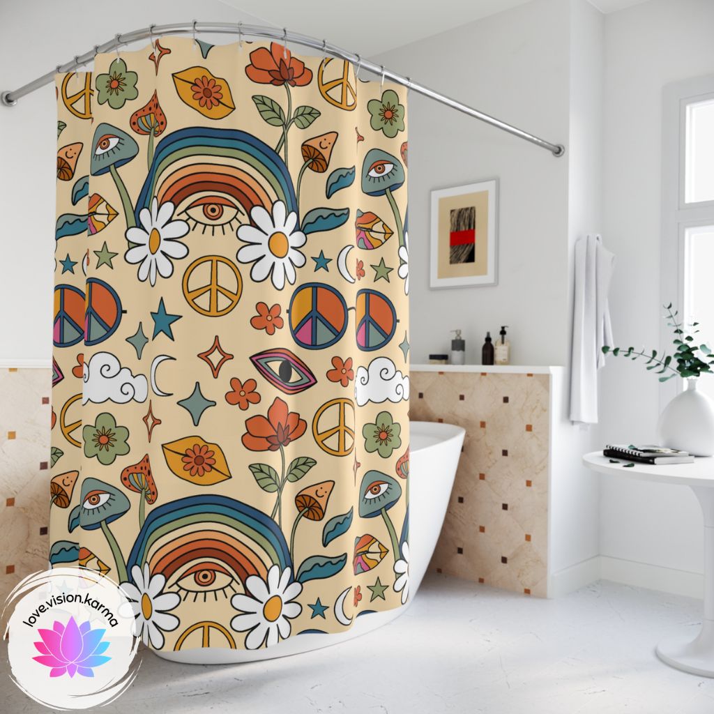 Groovy Boho 60s, 70s Rainbows, Mushrooms, Peace Sign Colorful Shower Curtain