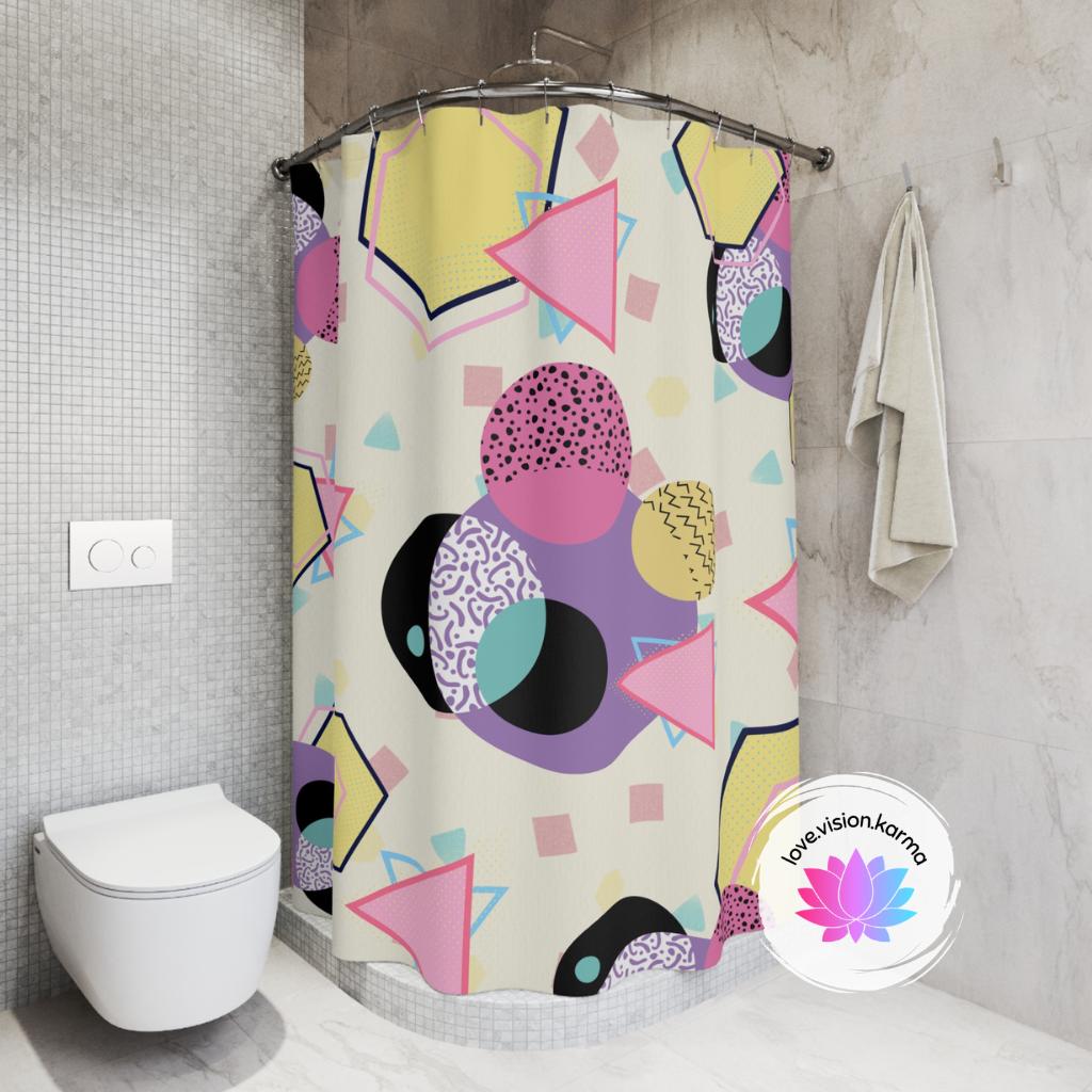 Retro 90's Aesthetic Geometric Throwback Multicolor Shower Curtain