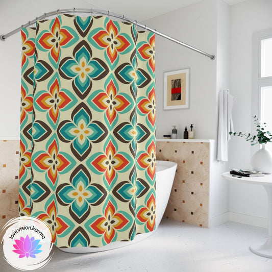 Retro 50s 60s Flowers Mid Century Blue & Orange Shower Curtain