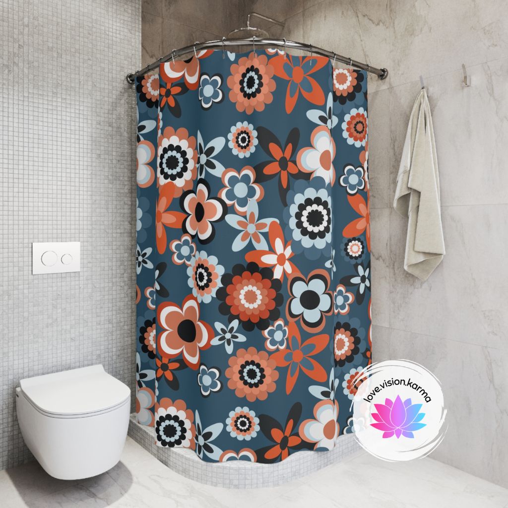 Retro 60s 70s Groovy Flowers Boho Mid Century Mod Coral & Blue Shower Curtain