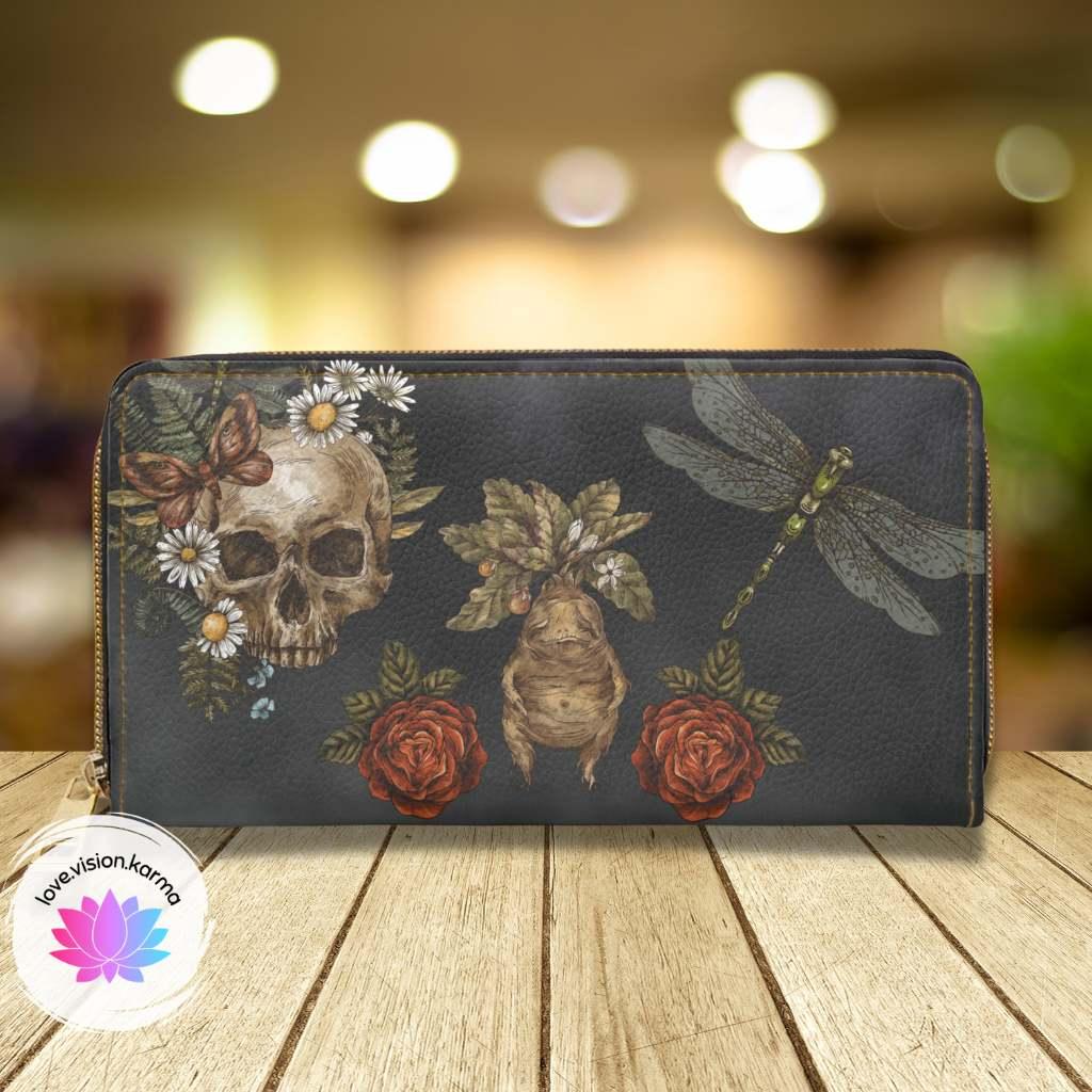 Dragonfly, Mandrake and Skull Mystical Zipper Wallet | lovevisionkarma.com