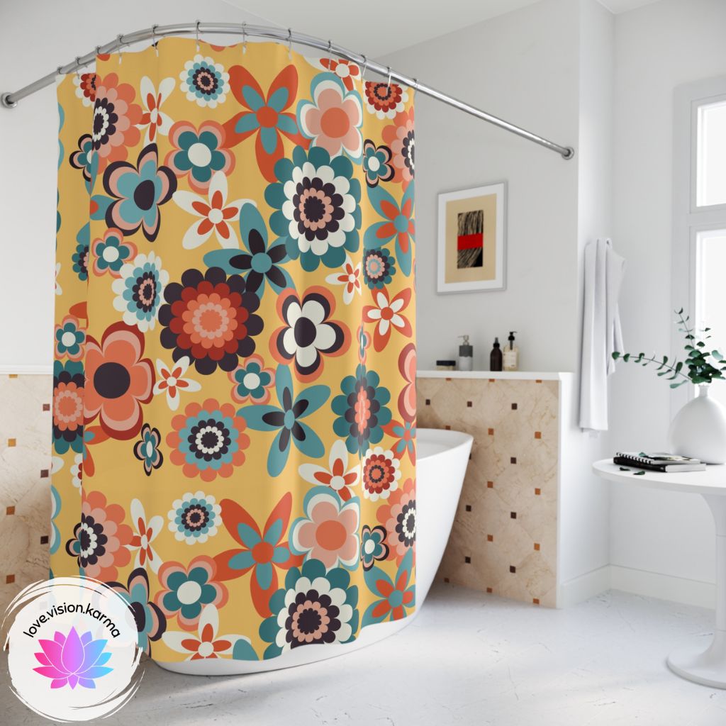 Retro 60s 70s Groovy Flowers Boho Mid Century Mod Yellow, Coral & Blue Shower Curtain