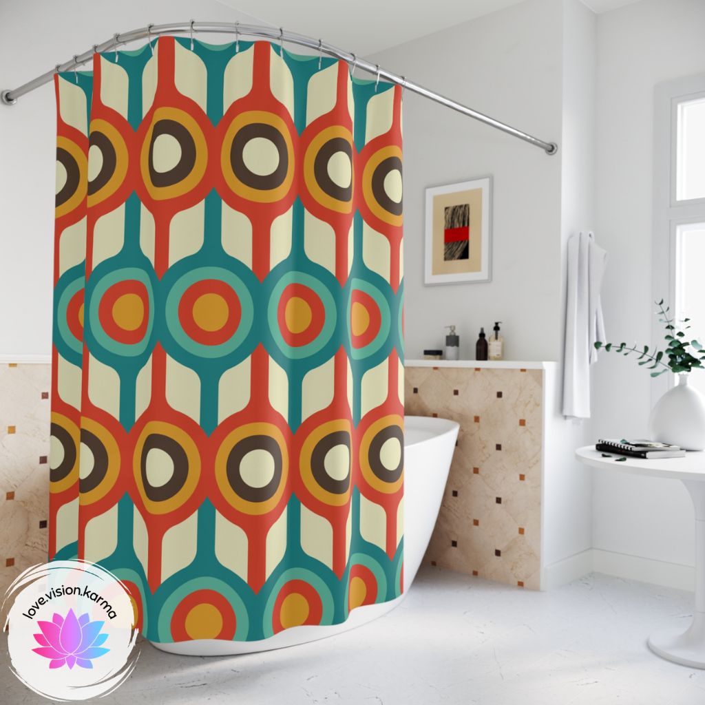 Retro 50s 60s Mid Century Circles Blue & Orange Shower Curtain