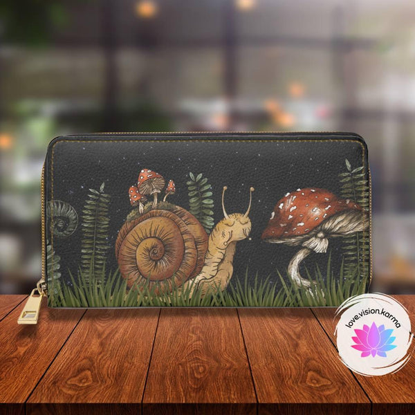 Boho Snail and Mushroom Enchanted Forest Cottagecore Zipper Wallet | lovevisionkarma.com