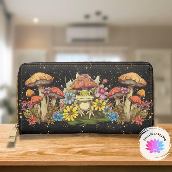 Mushrooms & Frog Boho Cottagecore & Mushroomcore Multicolor Zipper Wallet | lovevisionkarma.com