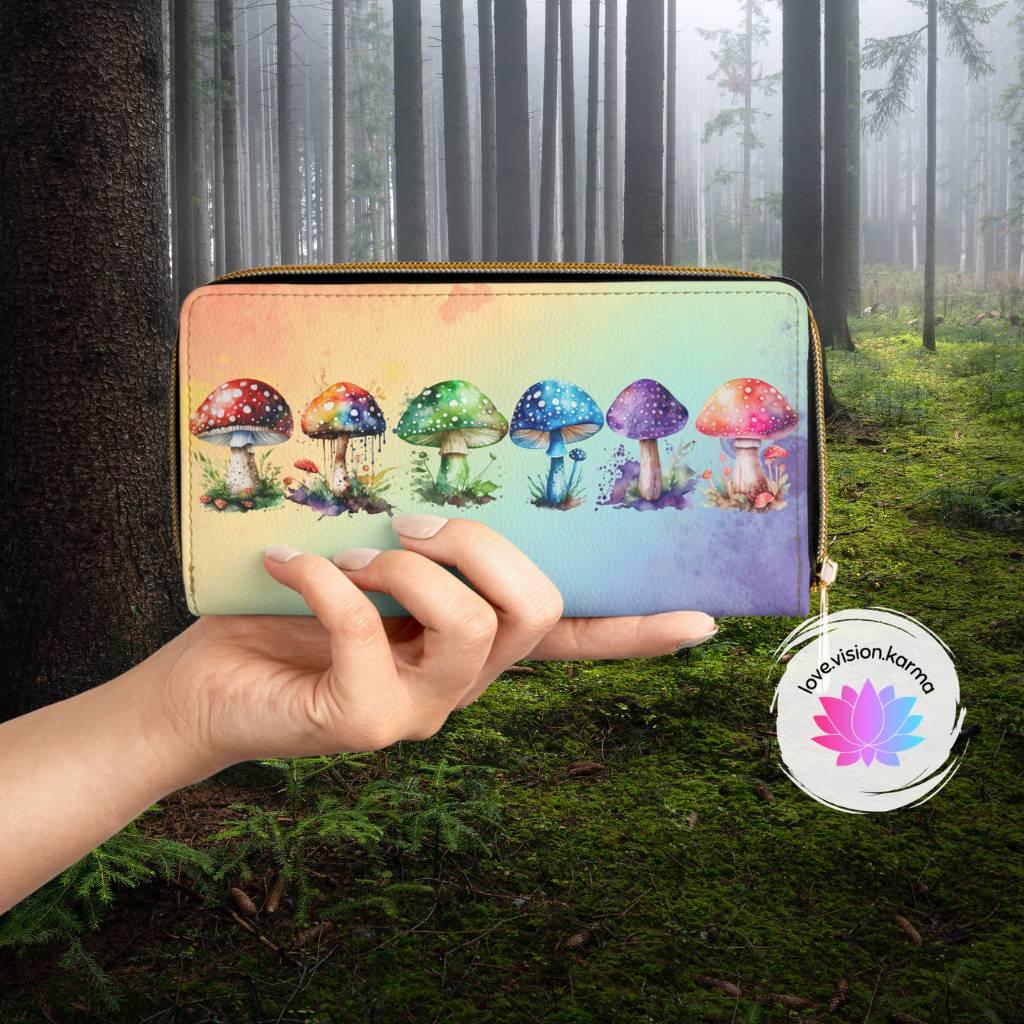 Rainbow Mushrooms Colorful Watercolor Multicolor Zipper Wallet | lovevisionkarma.com