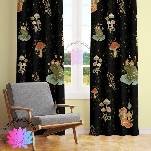 Boho Celestial Mushroom and Frog Multicolor Curtain Panels | lovevisionkarma.com