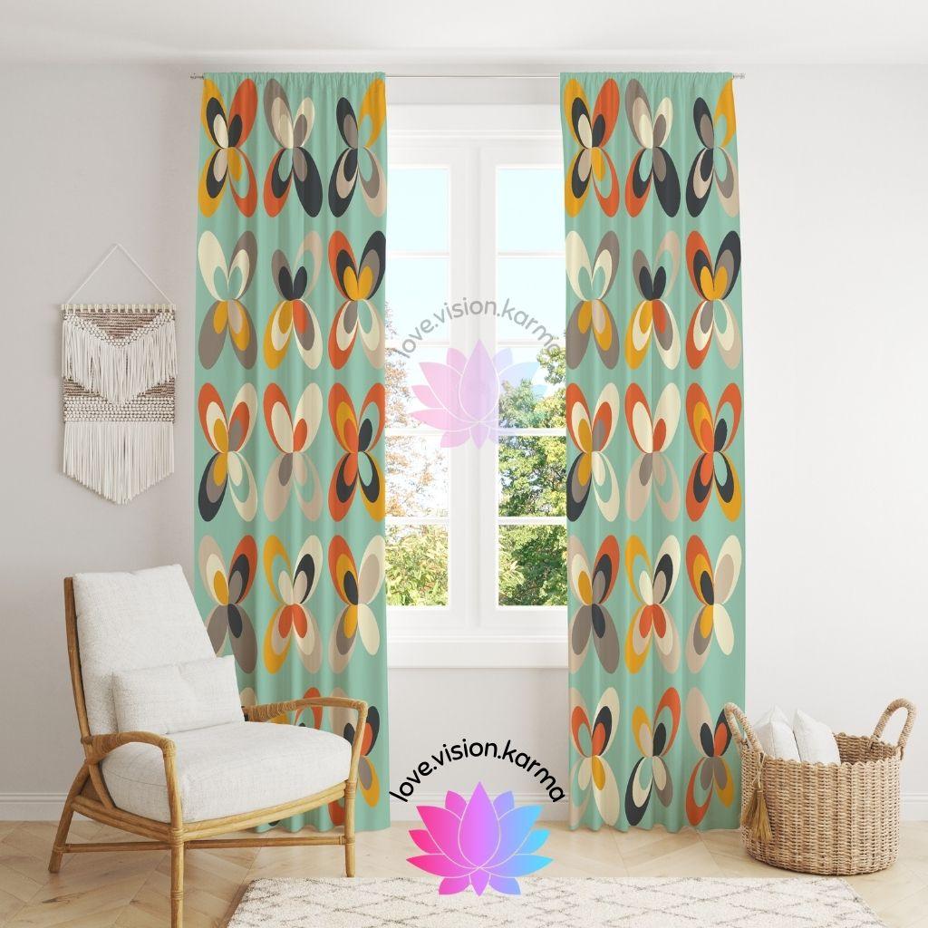 Retro Scandi MCM Danish Flowers Mint Green Curtain Panels | lovevisionkarma.com