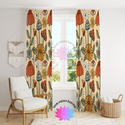 Boho Trippy Mushroom & Flowers Hippie Cottagecore Multicolor Curtains | lovevisionkarma.com