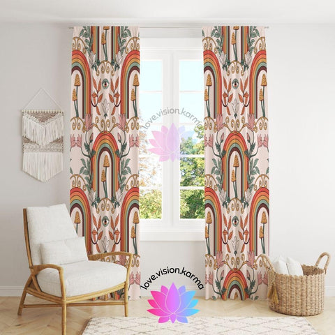 Boho Chic Mushroom, Rainbow & Floral Cottagecore Multicolor Curtains