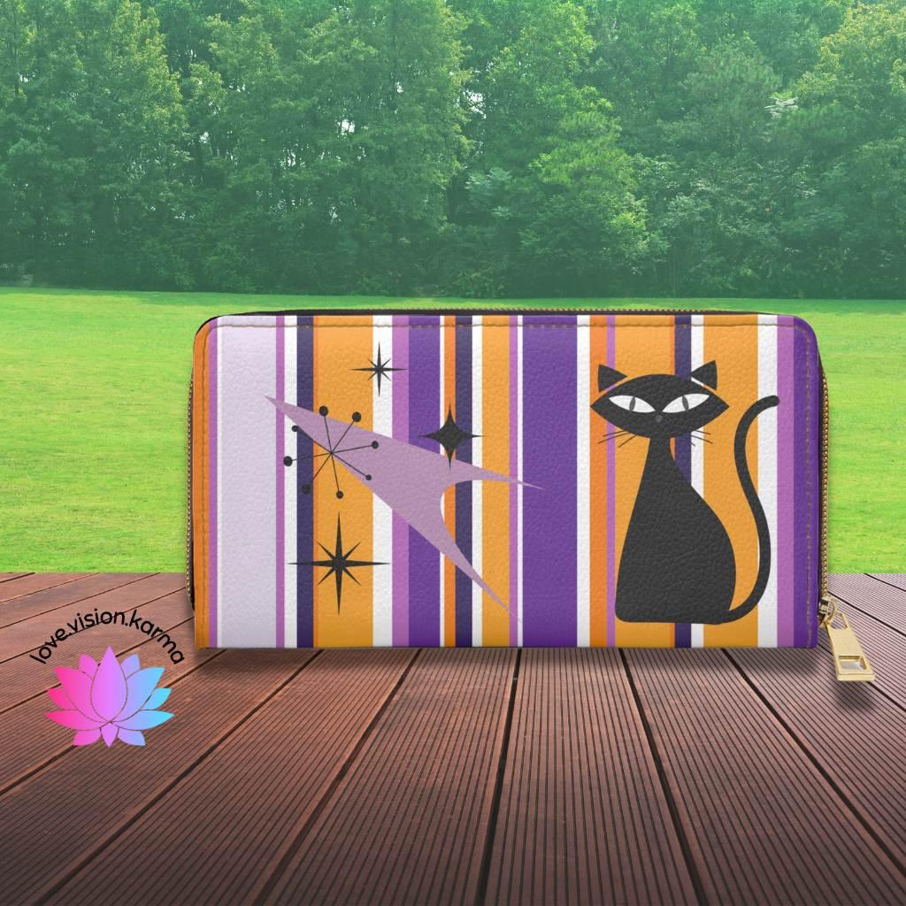 Retro 50s Atomic Cat, Boomerang & Starbursts MCM Purple, Orange, Black Zipper Wallet | lovevisionkarma.com