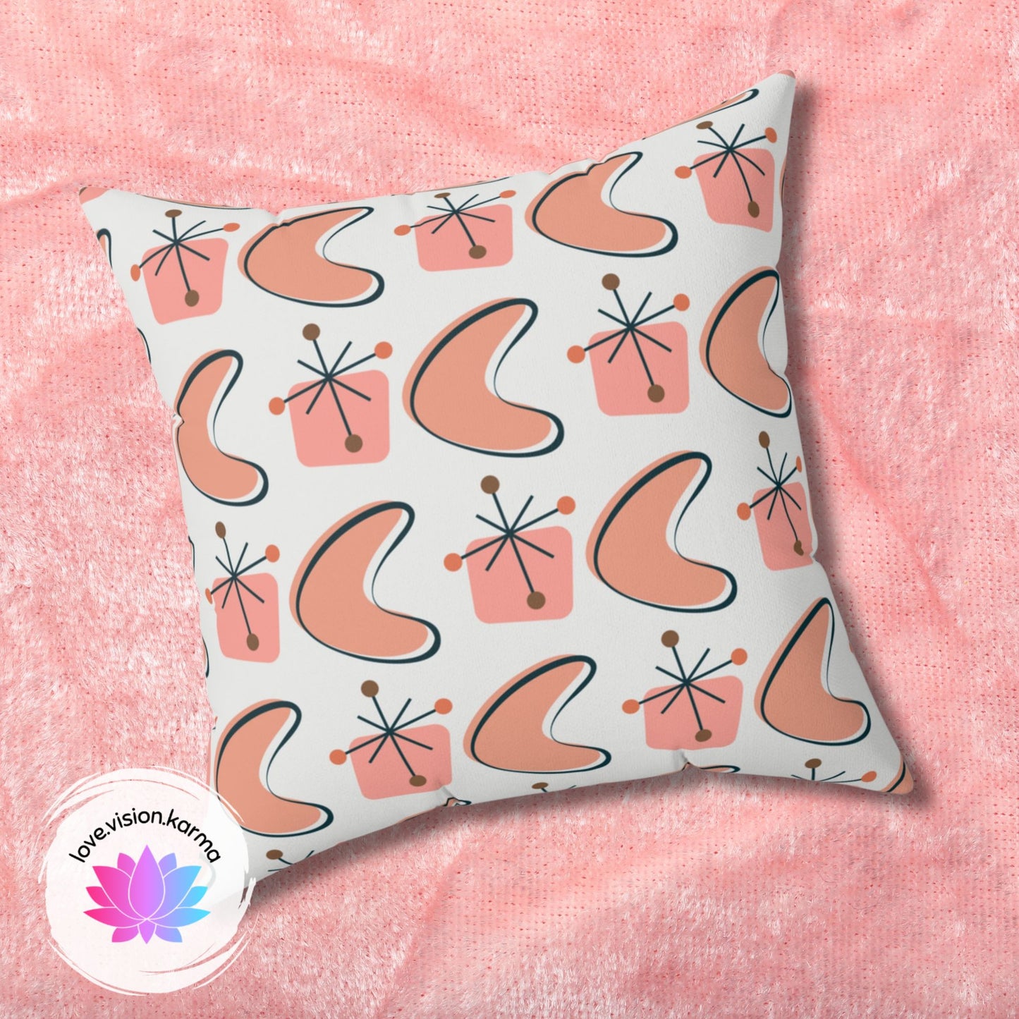 Retro Atomic 50s Boomerangs & Starbursts Mid Century Mod Pink Throw Pillow