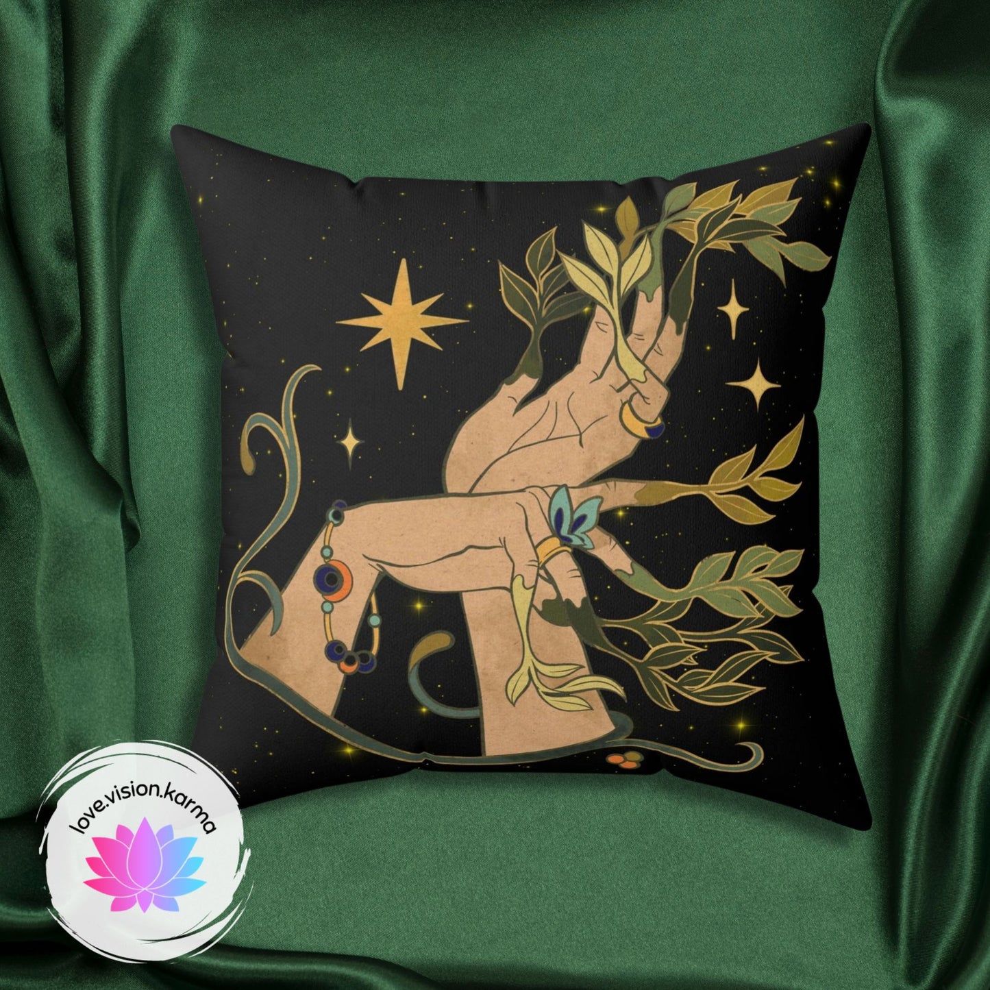 Boho Forest Nymph Green Witch Celestial Mystic Throw Pillow